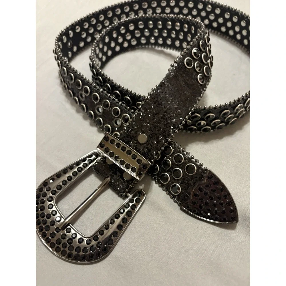 Black Silver Studded Rhinestone Bling Women's Belt with Metallic Buckle